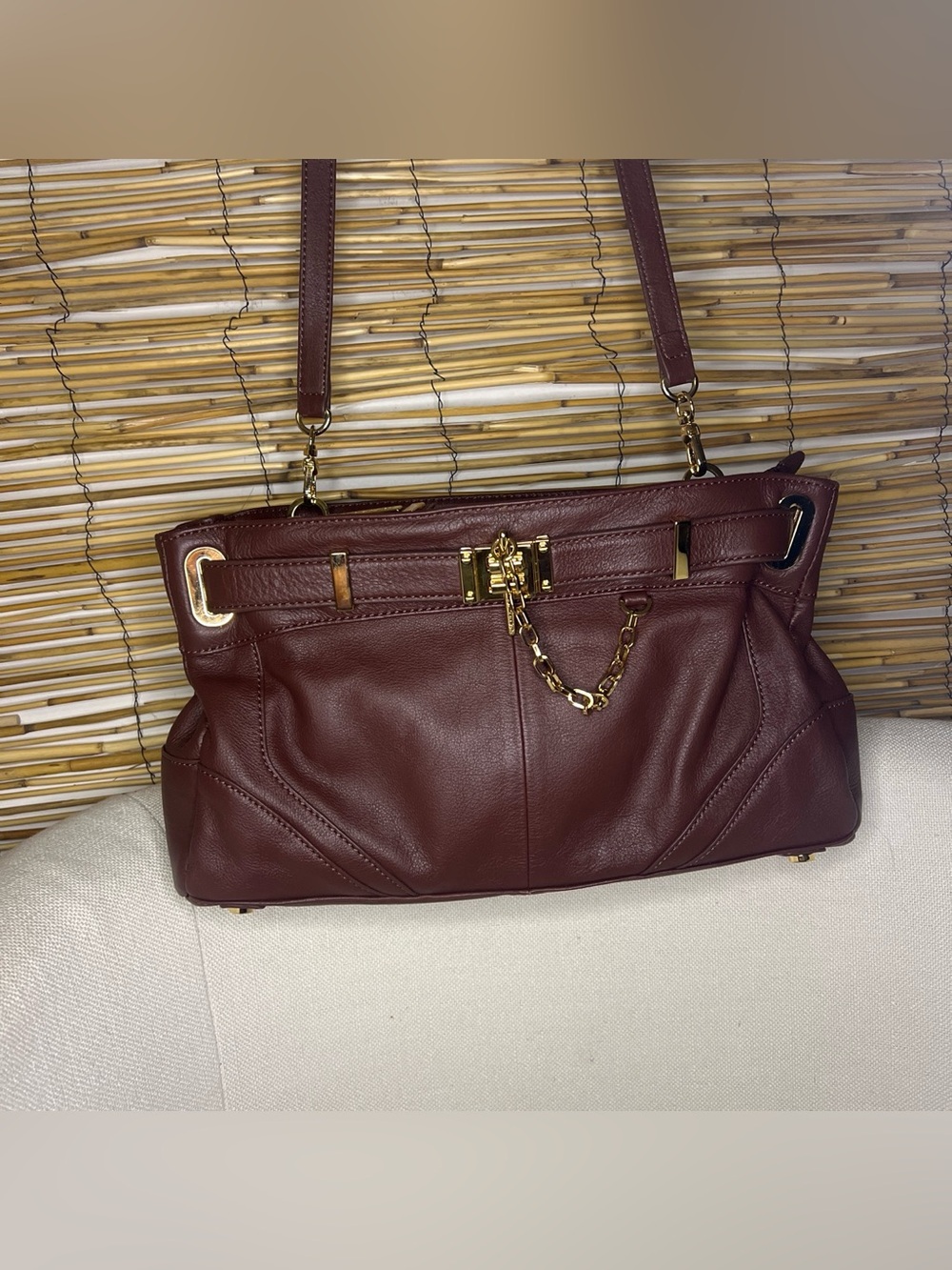 Rachel Zoe Burgundy Leather crossbody Bag with Gold Chain Detail